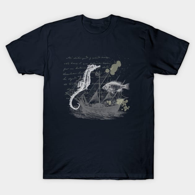 Vintage, Steampunk Seahorse T-Shirt by Unelmoija